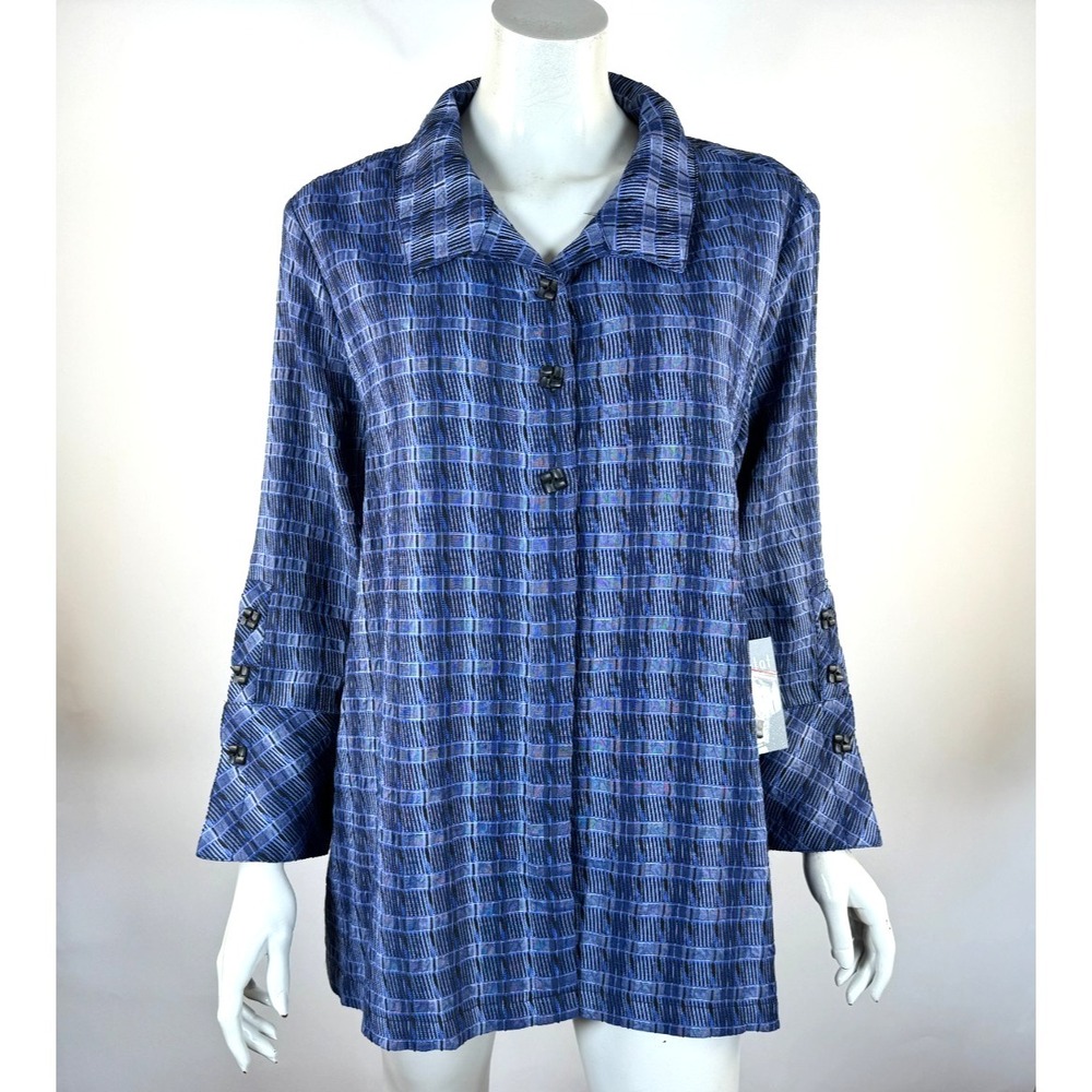 Habitat Windowpane Shirt Women XL NWT Art To Wear 3/4 Sleeve Tunic Top Blouse